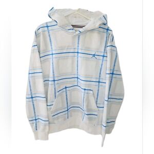 Jordan Essentials Fleece Pullover Hoodie Plaid White Blue Activewear Size M